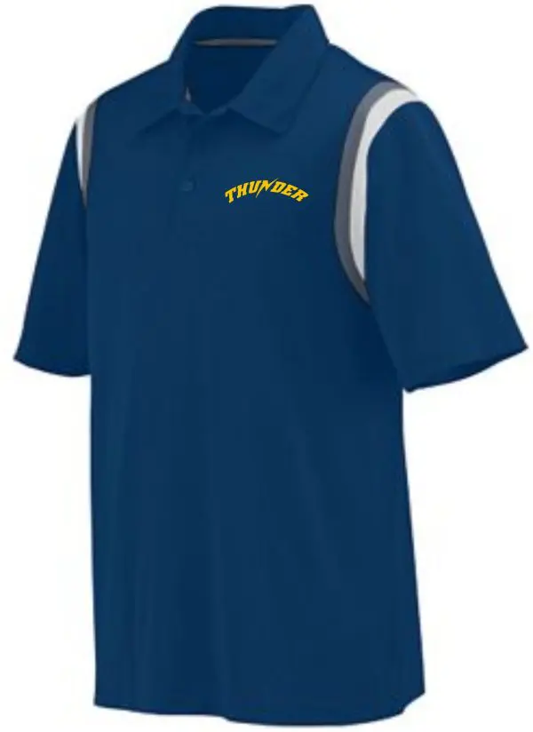 Blue and gray Thunder Baseball Mens Polo Augusta 5047 with the word "thunder" printed in yellow on the front.