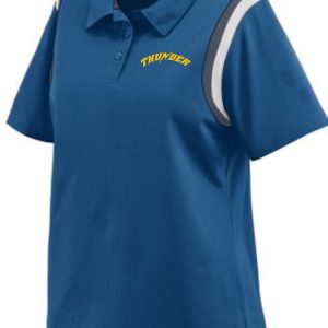 Thunder Baseball Womens Polo Augusta 5048 with gray accents on the sleeves and the word "thunder" in yellow on the chest.