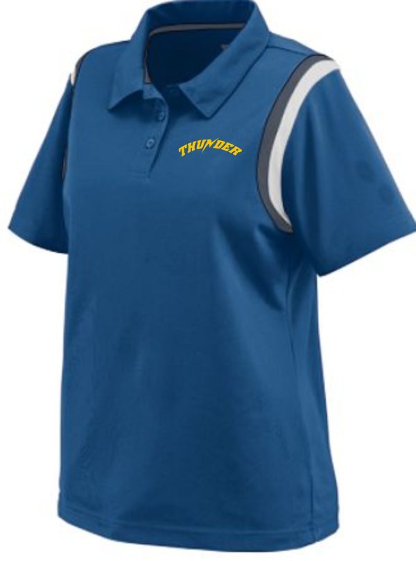 Thunder Baseball Womens Polo Augusta 5048 with gray accents on the sleeves and the word "thunder" in yellow on the chest.