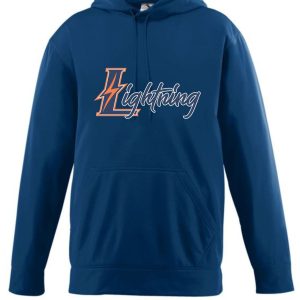 Blue hoodie with lightning logo.