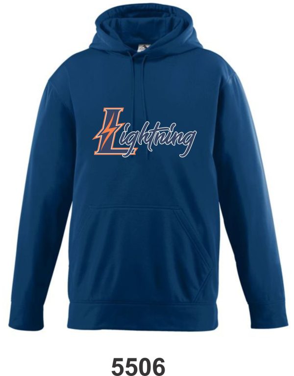 Blue hoodie with lightning logo.