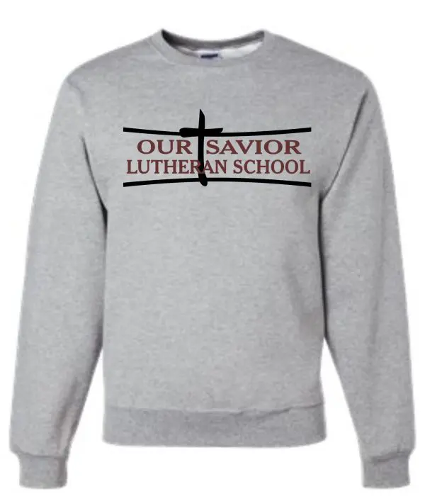 Gray OSLS adult sized crewneck sweatshirt 562m with "our savior lutheran school" logo printed across the chest.