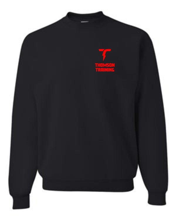 Thomson Training embroidered crewneck sweatshirt with a red "t" logo and the words "thomson training" in red on the chest.