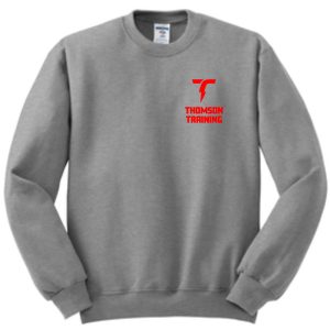 Thomson Training embroidered crewneck sweatshirt 562m with the "thomson training" logo and a stylized red "t" above the text on the chest.