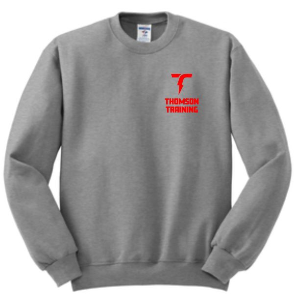 Thomson Training embroidered crewneck sweatshirt 562m with the "thomson training" logo and a stylized red "t" above the text on the chest.