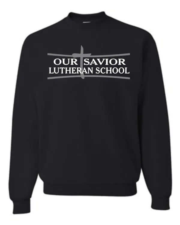 OSLS adult sized crewneck sweatshirt 562m with "our savior lutheran school" printed in white block letters, featuring a christian cross symbol above the text.