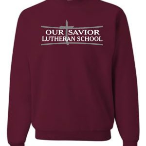 A OSLS adult sized crewneck sweatshirt 562m featuring the logo of "our savior lutheran school" printed in white text across the chest.