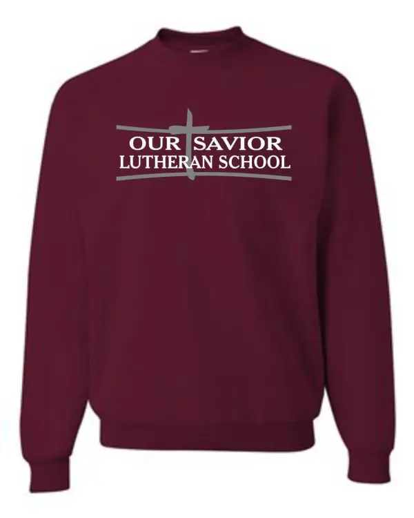 A OSLS adult sized crewneck sweatshirt 562m featuring the logo of "our savior lutheran school" printed in white text across the chest.