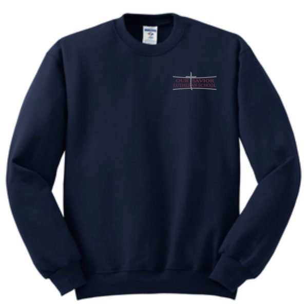 OSLS embroidered navy school sweatshirt 562 with the logo 'our savior lutheran school' embroidered on the left chest area.