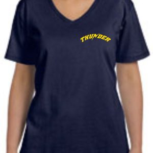 A person wearing a navy blue Thunder Baseball Womens V neck Tshirt with the word "thunder" printed in yellow across the chest.