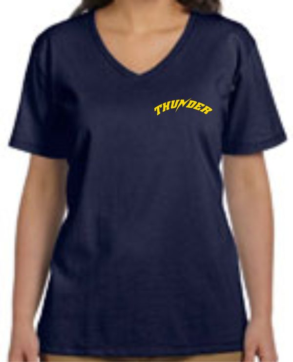 A person wearing a navy blue Thunder Baseball Womens V neck Tshirt with the word "thunder" printed in yellow across the chest.