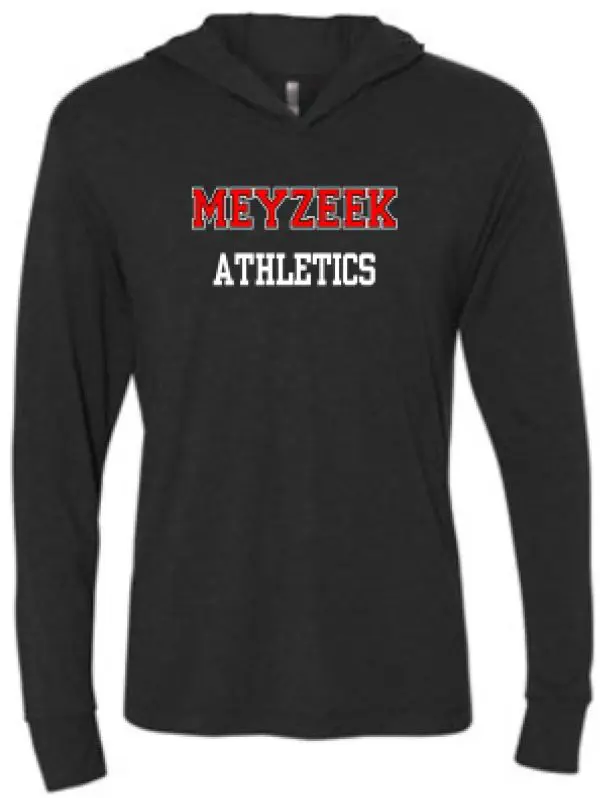 Meyzeek Athletics heathered lightweight hoodie NL6021 with "meyzeek athletics" printed in red across the chest, long sleeves, and a visible hood.