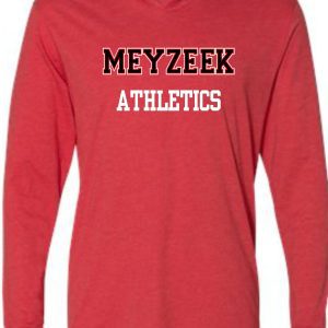 Red Meyzeek Athletics heathered lightweight hoodie NL6021 with the words "meyzeek athletics" printed in bold, white font across the chest.