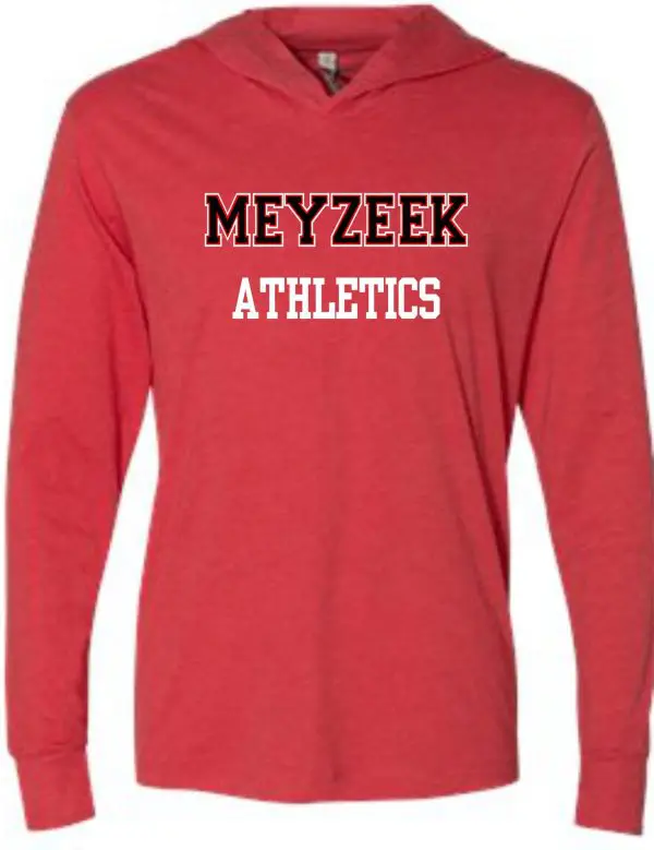 Red Meyzeek Athletics heathered lightweight hoodie NL6021 with the words "meyzeek athletics" printed in bold, white font across the chest.