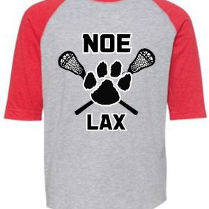 Gray and red baseball tee with "Noe LAX" logo.