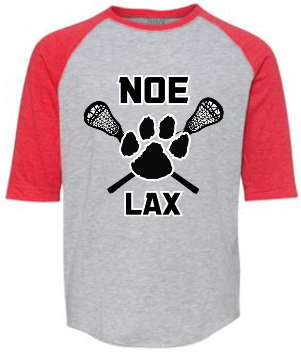 Gray and red baseball tee with "Noe LAX" logo.