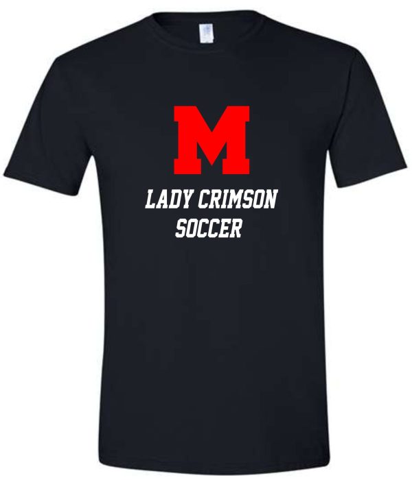 Black t-shirt with Lady Crimson soccer logo.