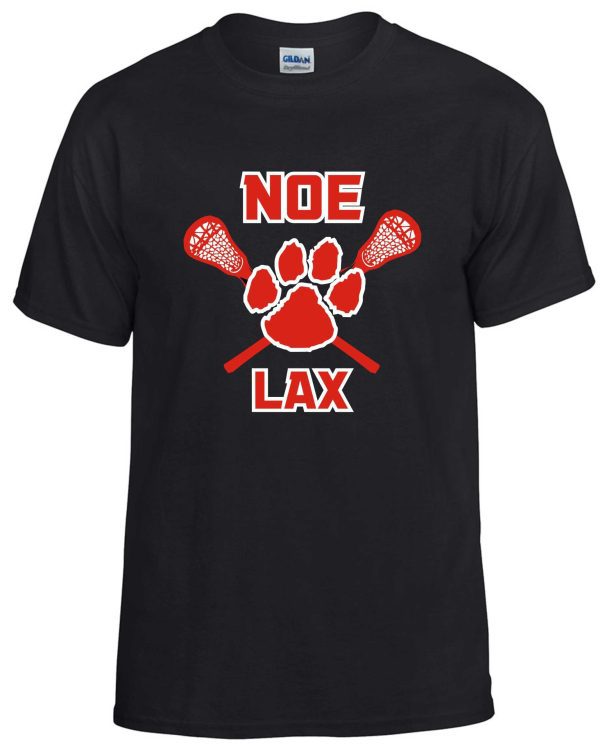 Black T-shirt with red NOE LAX design.