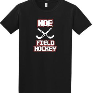 Black T-shirt with field hockey design.