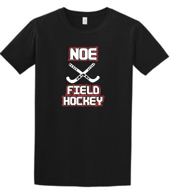 Black T-shirt with field hockey design.