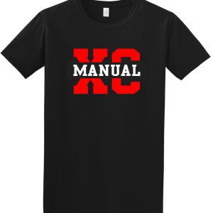 Black Manual Cross Country ADULT Gildan Soft style T-shirt 64000 with red and white "xc manual" text graphic on the front.