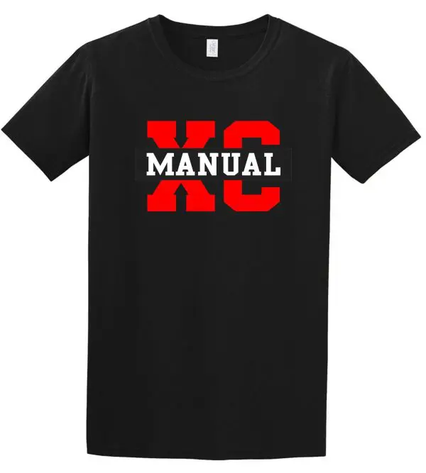 Black Manual Cross Country ADULT Gildan Soft style T-shirt 64000 with red and white "xc manual" text graphic on the front.