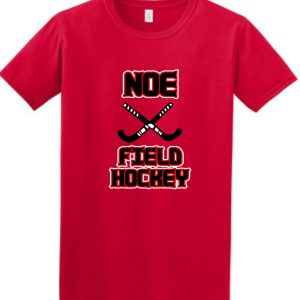 Red t-shirt with Noe field hockey design.