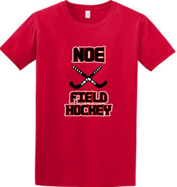 Red t-shirt with Noe field hockey design.