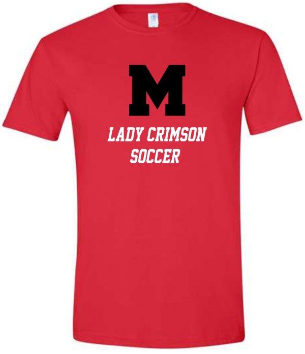 Manual Lady Crimson Soccer Gildan LETTERS Soft style T 64000 with a large black "m" and the words "lady crimson soccer" printed in black on the front.