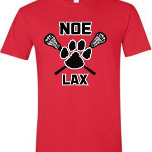 Red t-shirt with Noe Lax logo.