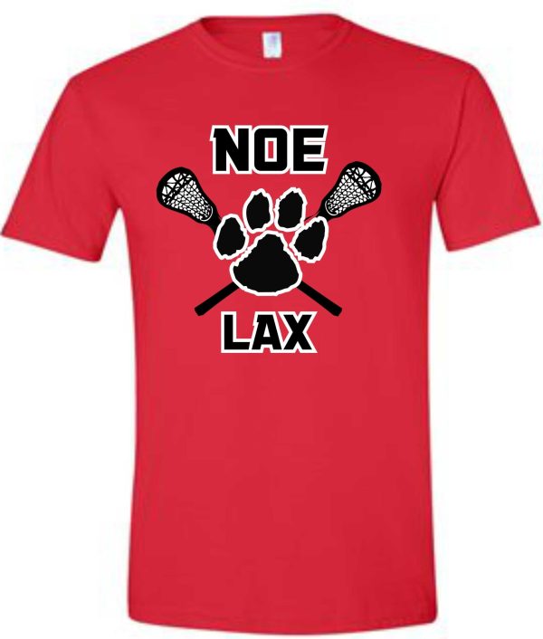 Red t-shirt with Noe Lax logo.