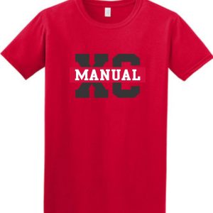 Red Manual Cross Country ADULT Gildan Soft style T-shirt 64000 with the word "manual" printed in bold white letters across the chest.