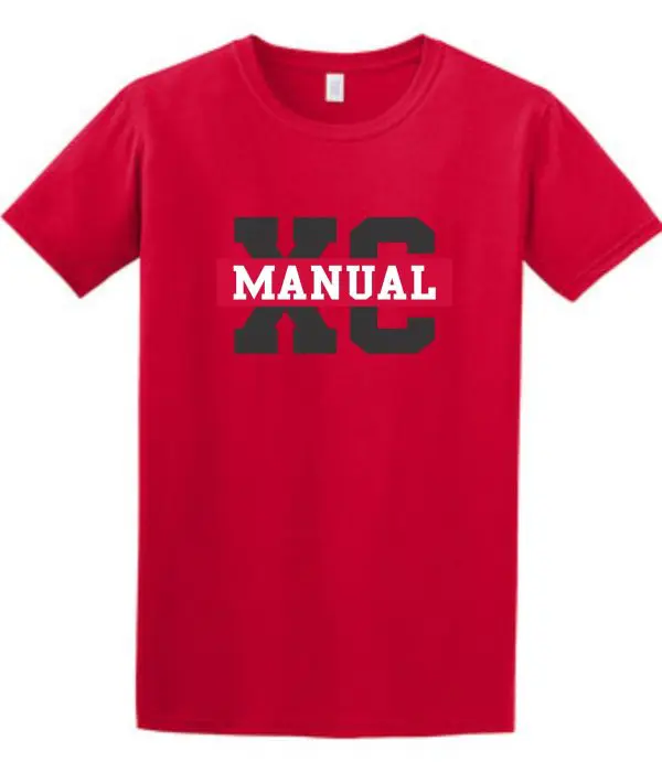 Red Manual Cross Country ADULT Gildan Soft style T-shirt 64000 with the word "manual" printed in bold white letters across the chest.