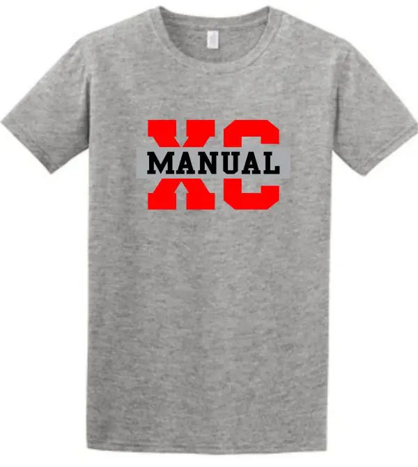 Gray Manual Cross Country ADULT Gildan Soft style T-shirt 64000 with the word "manual" in bold red and black letters across the chest.