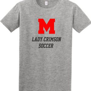 Manual Lady Crimson Soccer Gildan LETTERS Soft style T 64000 featuring a large red 'm' and the words "lady crimson soccer" in black text below it.