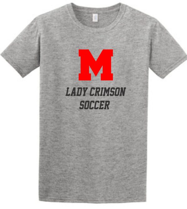 Manual Lady Crimson Soccer Gildan LETTERS Soft style T 64000 featuring a large red 'm' and the words "lady crimson soccer" in black text below it.