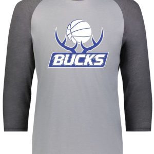 A gray raglan sleeve Bucks Basketball Gameday Vintage t-shirt 6879 with a Milwaukee Bucks basketball logo on the front.