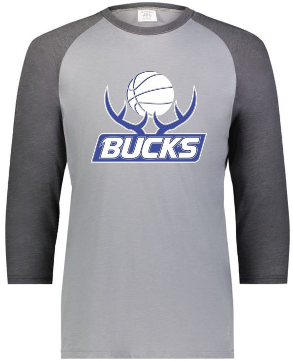 A gray raglan sleeve Bucks Basketball Gameday Vintage t-shirt 6879 with a Milwaukee Bucks basketball logo on the front.