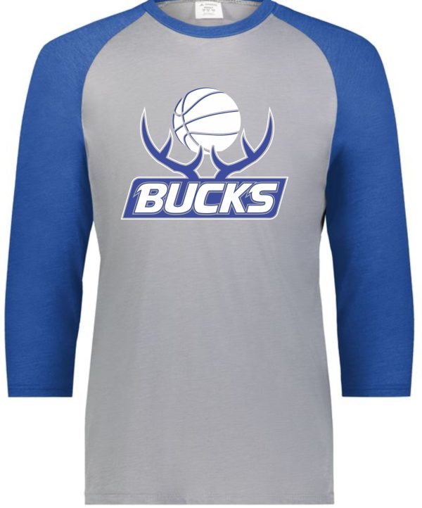 Gray and blue raglan Bucks Basketball Gameday Vintage t-shirt 6879 with "bucks" logo featuring stylized basketball and antlers graphic on the front.