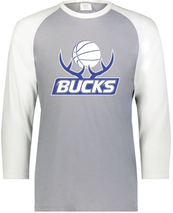 Gray long-sleeved Bucks Basketball Gameday Vintage t-shirt 6879 with a logo featuring a stylized basketball and horns graphic in blue and white on the chest.