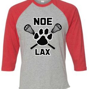 Grey and red baseball shirt with "Noe LAX"