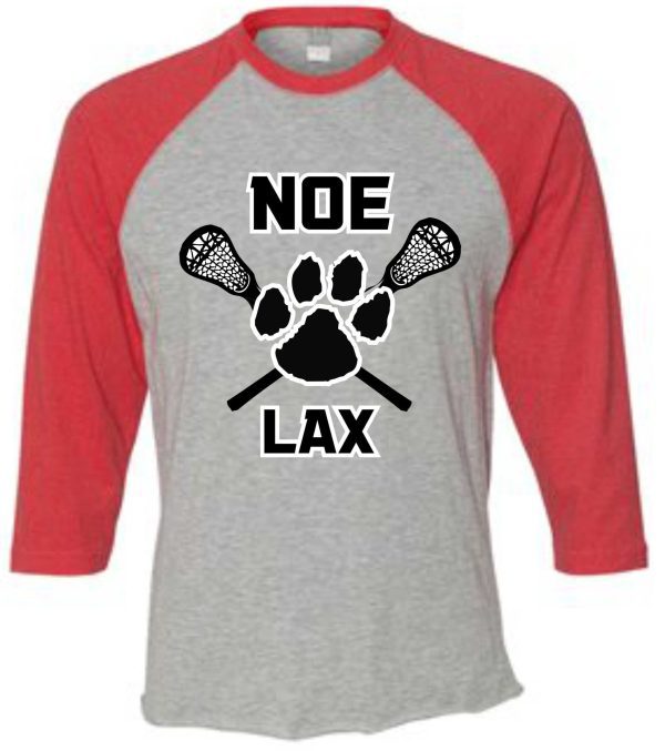 Grey and red baseball shirt with "Noe LAX"