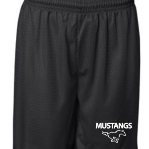 Badger Tricot open mesh 7 inch shorts 7207 athletic shorts with a drawstring waist featuring the word "mustangs" and a mustang horse logo on the left leg.