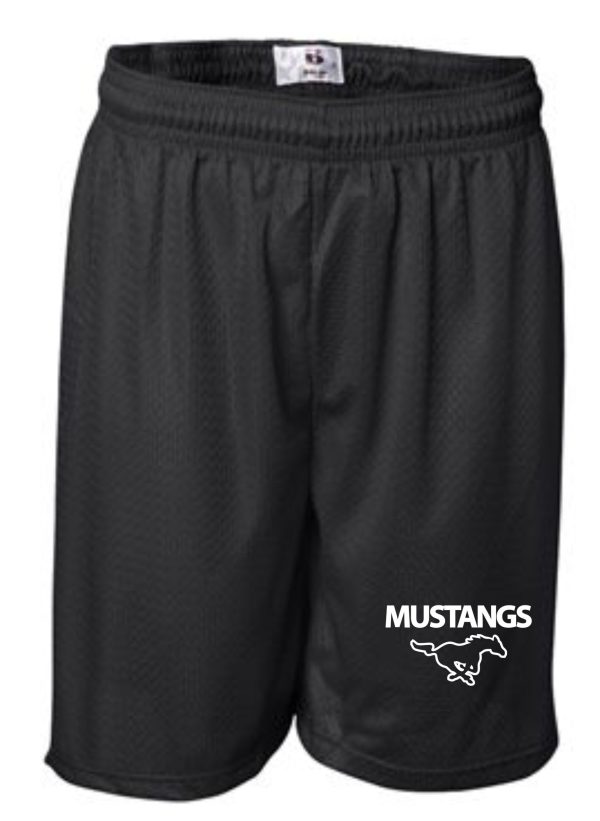 Badger Tricot open mesh 7 inch shorts 7207 athletic shorts with a drawstring waist featuring the word "mustangs" and a mustang horse logo on the left leg.