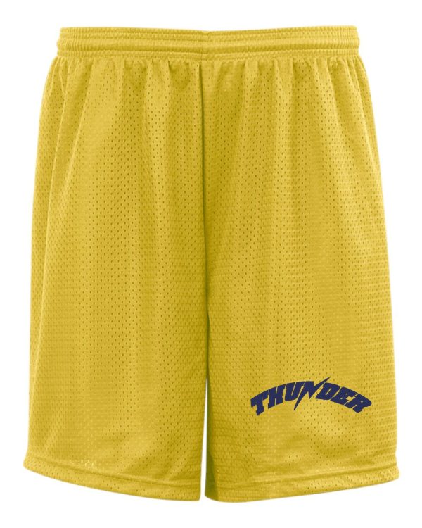 Yellow mesh Thunder Baseball Badger 9 inch tricot mesh shorts with the word "thunder" in blue on the right leg.