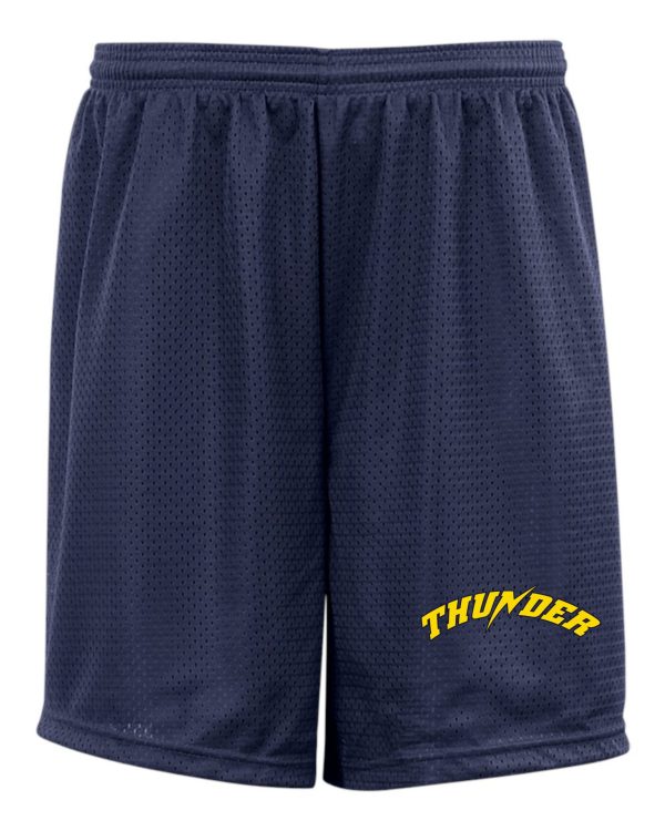 Thunder baseball Badger 9 inch tricot mesh shorts with a navy blue color, featuring a yellow "thunder" text logo on the left leg, an elastic waistband, and a perforated texture for breathability.