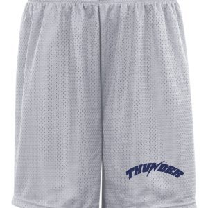 Thunder Baseball Badger 9 inch tricot mesh shorts with a mesh texture and the word "thunder" in blue print on the left leg.