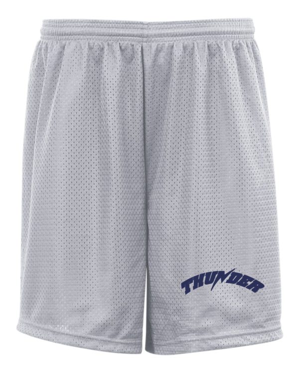 Thunder Baseball Badger 9 inch tricot mesh shorts with a mesh texture and the word "thunder" in blue print on the left leg.