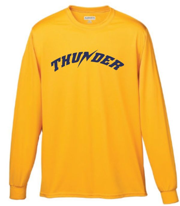 Long-sleeved Thunder Baseball Moisture wicking Augusta T shirt with the word "thunder" printed in blue across the chest.