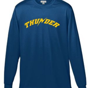 Blue Thunder Baseball Moisture wicking Augusta long sleeve T shirt with the word "thunder" in yellow arched text across the chest.